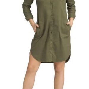 Prana Button Front Yarrow Olive Green Organic Cotton Hemp Shirt Dress Size Small
